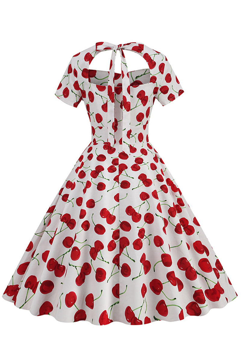 Indlæs billede til gallerivisning Hvide kirsebærprint halter vintage kjole med korte ærmer