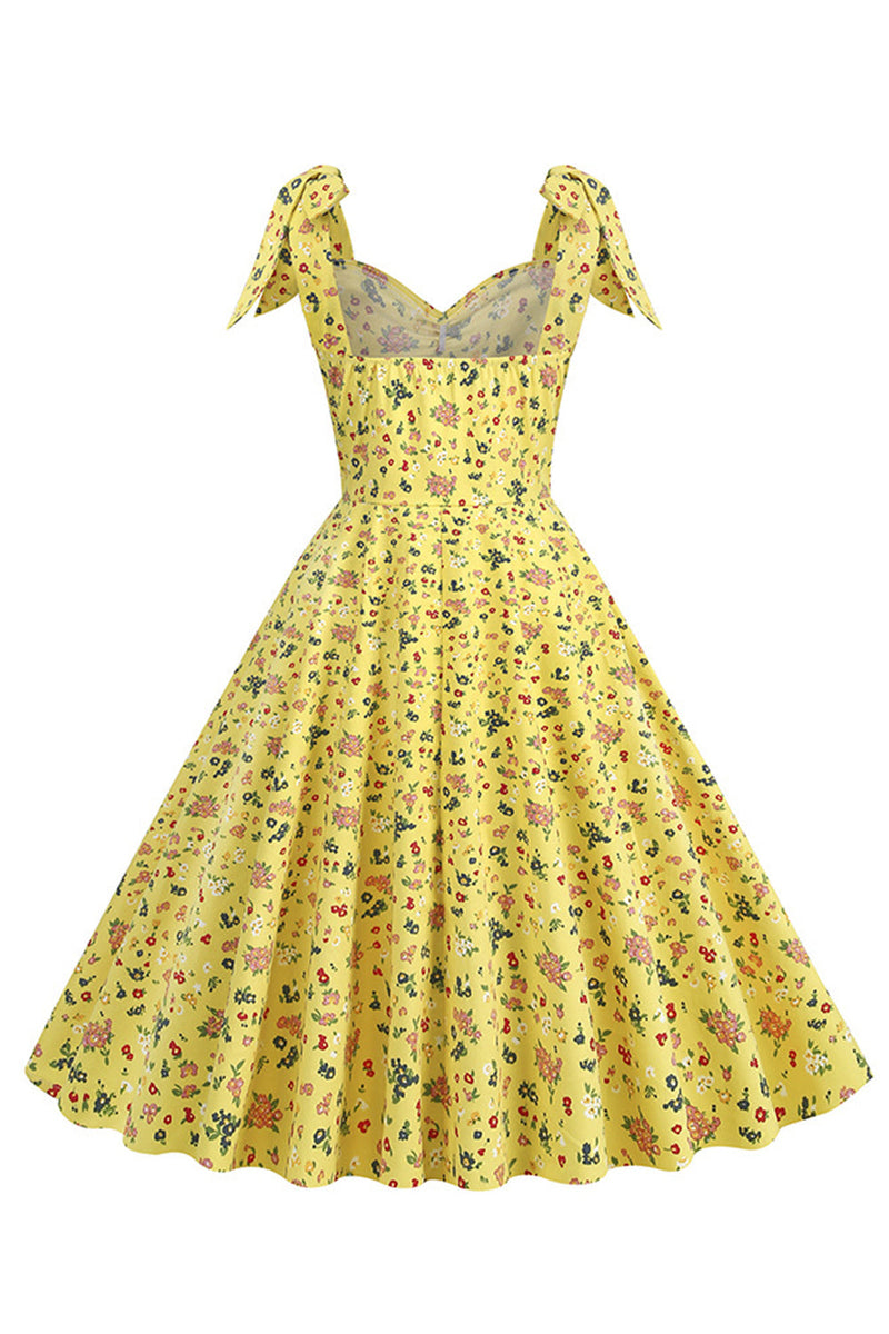 Indlæs billede til gallerivisning Gule trykte ærmeløse stropper vintage kjole
