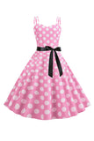 Pink Polka Dots Spaghetti Straps 1950'erne kjole med sløjfe