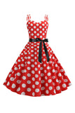 Pink Polka Dots Spaghetti Straps 1950'erne kjole med sløjfe