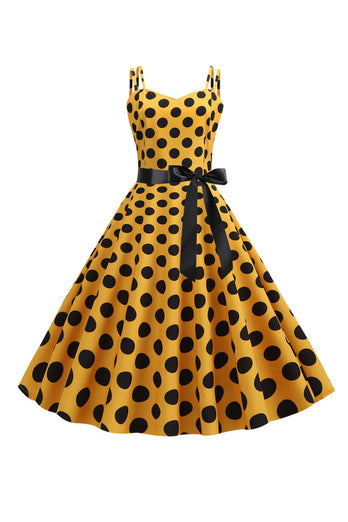 Pink Polka Dots Spaghetti Straps 1950'erne kjole med sløjfe