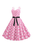 Pink Polka Dots Spaghetti Straps 1950'erne kjole med sløjfe