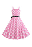 Pink Polka Dots Spaghetti Straps 1950'erne kjole med sløjfe