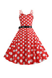 Pink Polka Dots Spaghetti Straps 1950'erne kjole med sløjfe