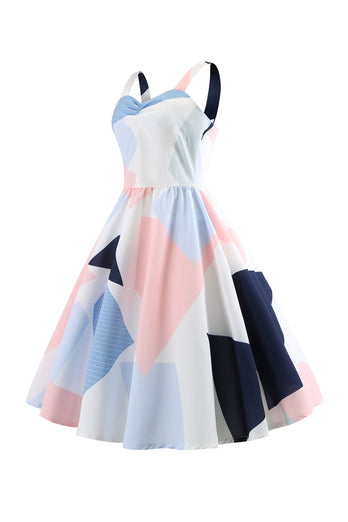 Hvide spaghettistropper Geometrisk trykt kjole fra 1950'erne