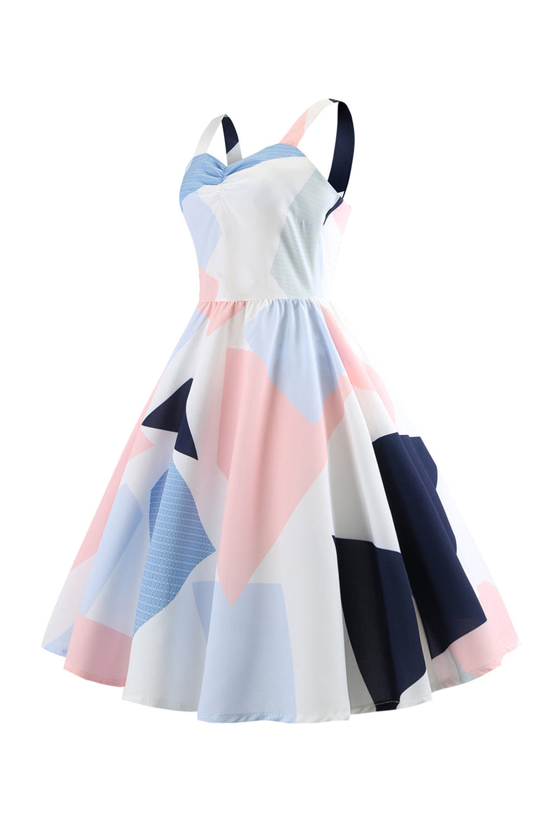 Indlæs billede til gallerivisning Hvide spaghettistropper Geometrisk trykt kjole fra 1950&#39;erne