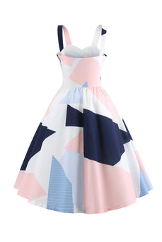 Hvide spaghettistropper Geometrisk trykt kjole fra 1950'erne