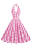 Indlæs billede til gallerivisning Pink Halter Plaid ærmeløs kjole fra 1950&#39;erne med bælte