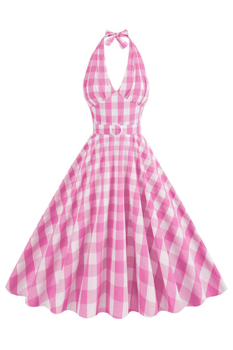 Pink Halter Plaid ærmeløs kjole fra 1950'erne med bælte