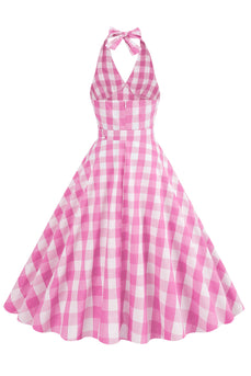 Pink Halter Plaid ærmeløs kjole fra 1950'erne med bælte