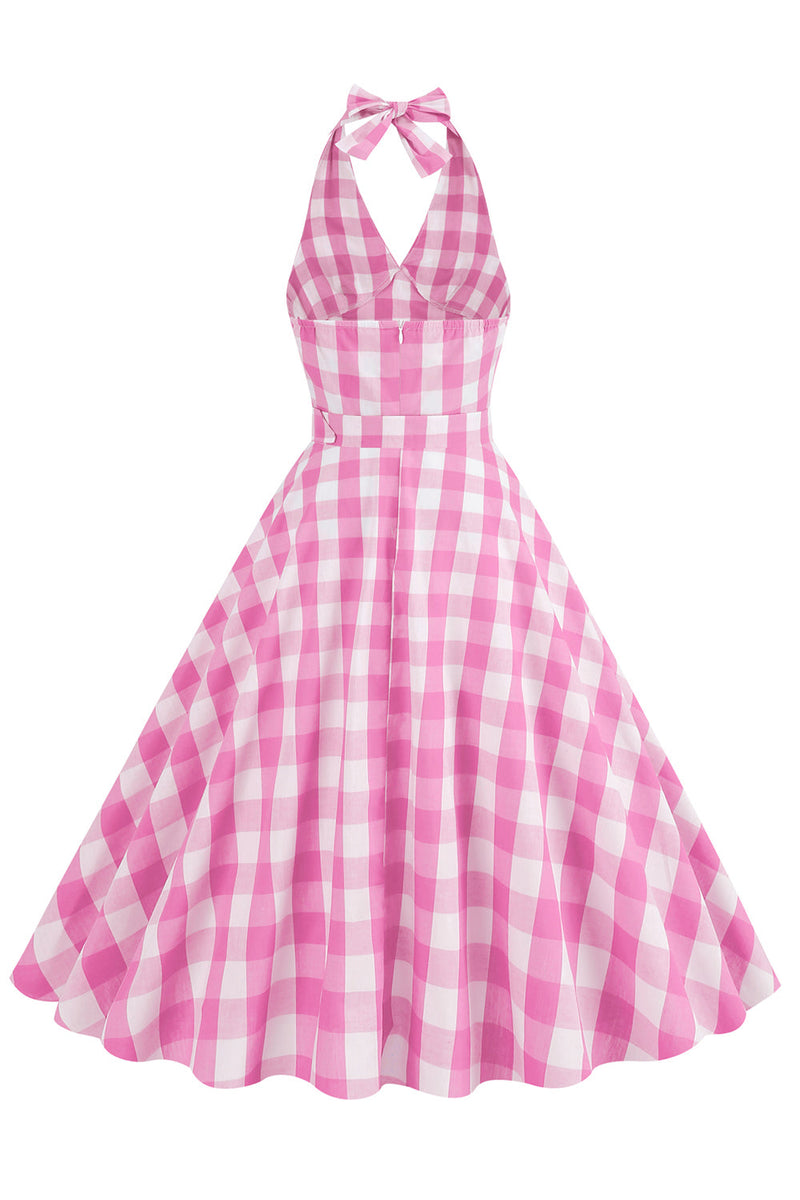Indlæs billede til gallerivisning Pink Halter Plaid ærmeløs kjole fra 1950&#39;erne med bælte