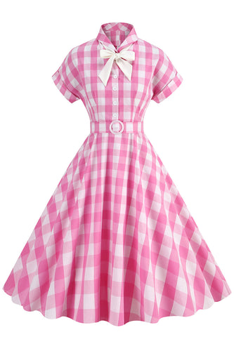Pink Plaid Bowknot 1950'er kjole med korte ærmer