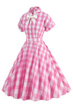 Pink Plaid Bowknot 1950'er kjole med korte ærmer