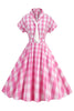 Indlæs billede til gallerivisning Pink Plaid Bowknot 1950&#39;er kjole med korte ærmer