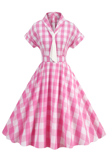 Pink Plaid Bowknot 1950'er kjole med korte ærmer