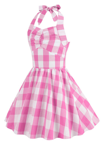 Halter Plaid ærmeløs pink vintage pige kjoler