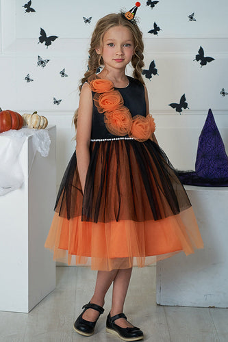 Orange rund hals blomst tyl halloween pige kjole