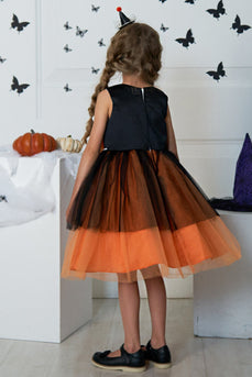Orange rund hals blomst tyl halloween pige kjole