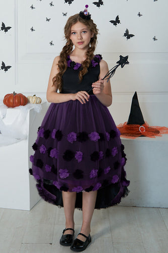 Mørk lilla høj lav tyl halloween pigekjole med 3D blomst
