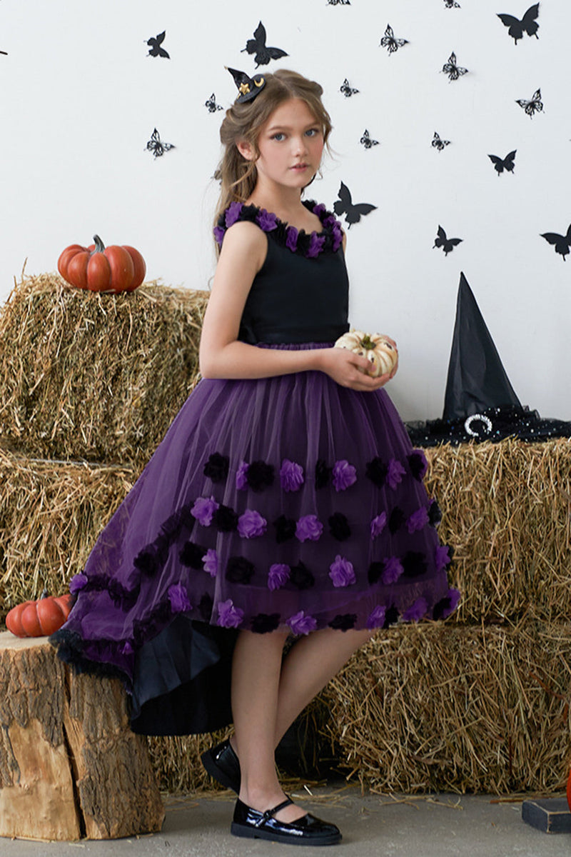 Indlæs billede til gallerivisning Mørk lilla høj lav tyl halloween pigekjole med 3D blomst