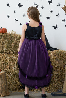 Mørk lilla høj lav tyl halloween pigekjole med 3D blomst