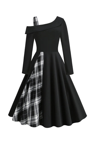 Retro stil en skulder Sort Plaid 1950'erne kjole