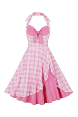 Retro Stilarter A Line Halter Hals pink Plaid 1950'erne Kjole
