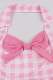 Retro Stilarter A Line Halter Hals pink Plaid 1950'erne Kjole