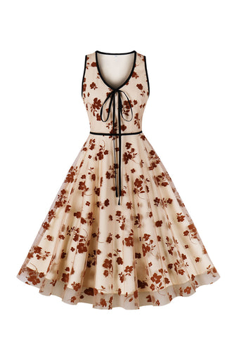 En Line V hals abrikos vintage kjole med appiques