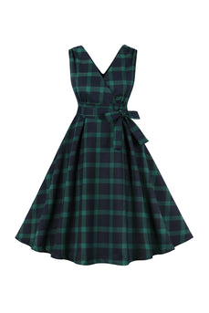 Grøn Plaid 1950'erne Swing Kjole med bælte