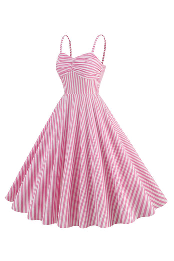Spaghetti stropper lyserøde striber swing 1950'erne kjole