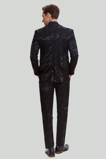 Mænds sorte 3-delt Jacquard Jakke Vest Bukser Suit