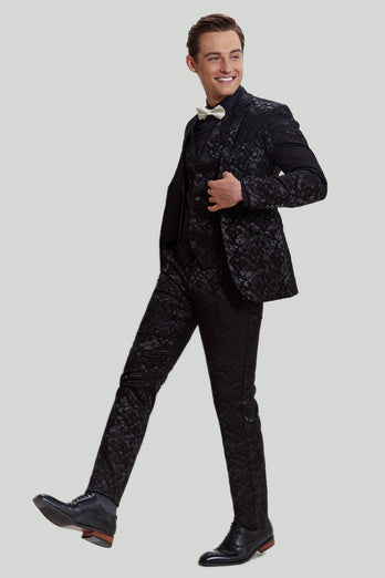 Mænds sorte 3-delt Jacquard Jakke Vest Bukser Suit