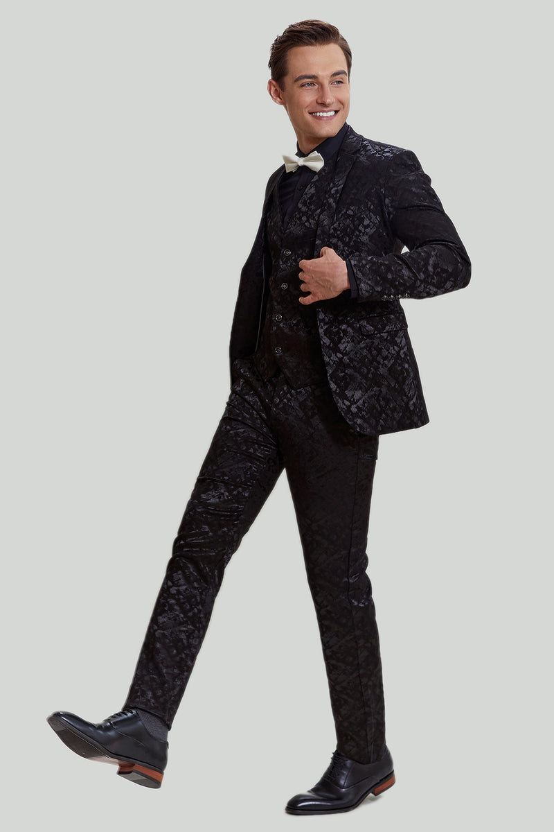 Indlæs billede til gallerivisning Mænds sorte 3-delt Jacquard Jakke Vest Bukser Suit