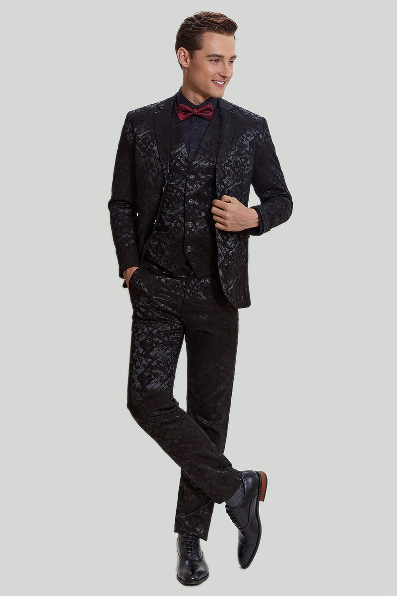 Indlæs billede til gallerivisning Mænds sorte 3-delt Jacquard Jakke Vest Bukser Suit
