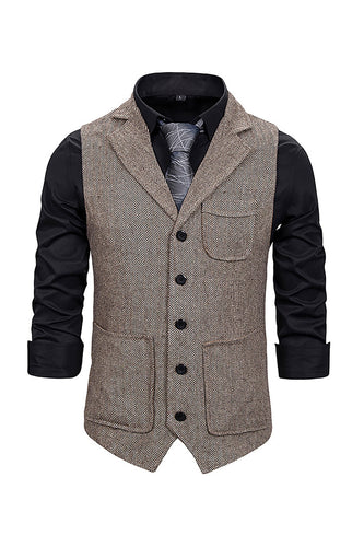 Brun Tweed Single Breasted Notched Revers Herre Habit Vest