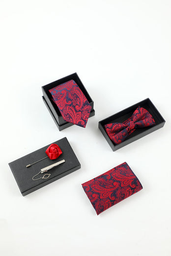 Burgundy Jacquard Mænds 5-delt tilbehørssæt Slips og sløjfe lommetørklæde Flower Revers Pin Tie Clip