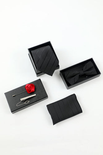 Sort stribe Mænds 5-delt tilbehørssæt Slips og butterfly lommetørklæde Flower Revers Pin Tie Clip