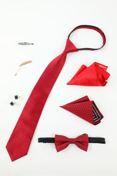 Rødt herretilbehørssæt Slips og slips To lommetørklæde reversnål Slipseklemme manchetknapper