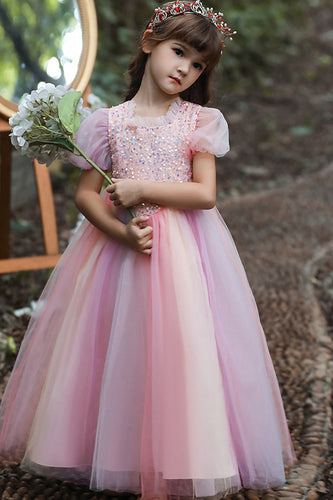 A-Line tyl pink blomst pige kjole med pailletter