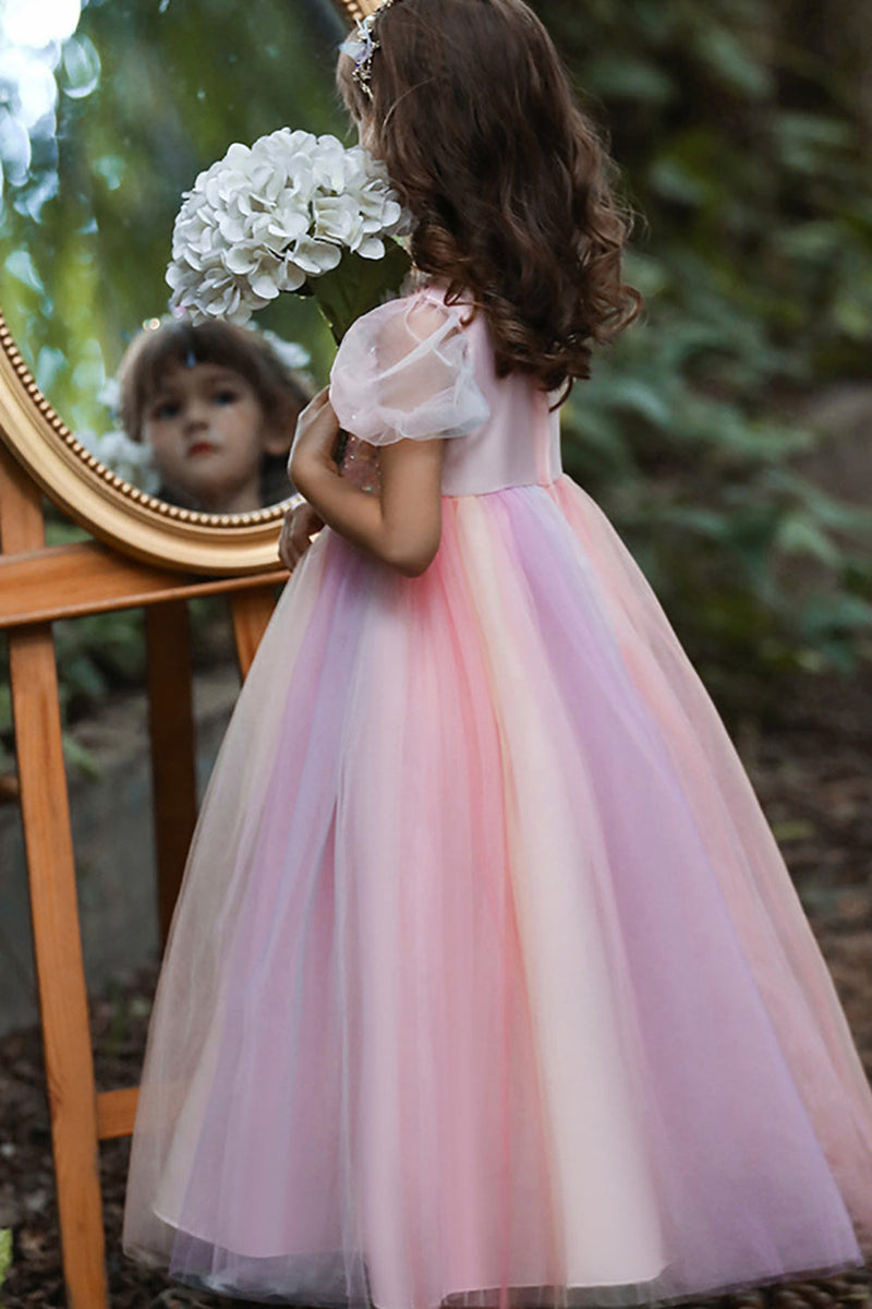 Indlæs billede til gallerivisning A-Line tyl pink blomst pige kjole med pailletter