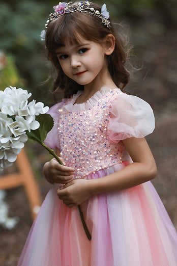 A-Line tyl pink blomst pige kjole med pailletter