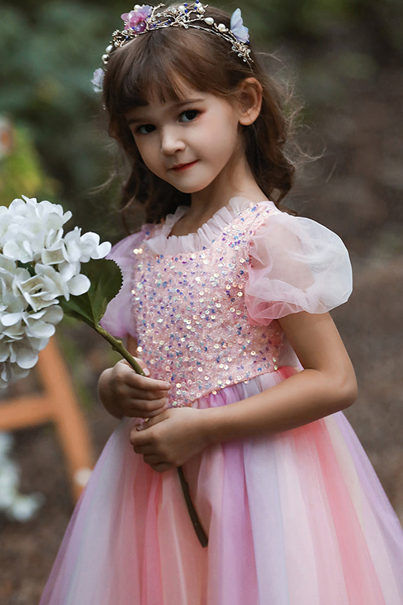 Indlæs billede til gallerivisning A-Line tyl pink blomst pige kjole med pailletter