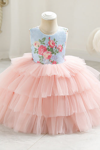 Tiered Flower Printed Pink Flower Girl Dress med Bowknot