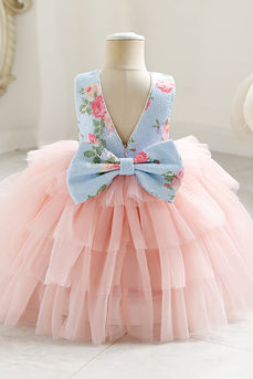 Tiered Flower Printed Pink Flower Girl Dress med Bowknot