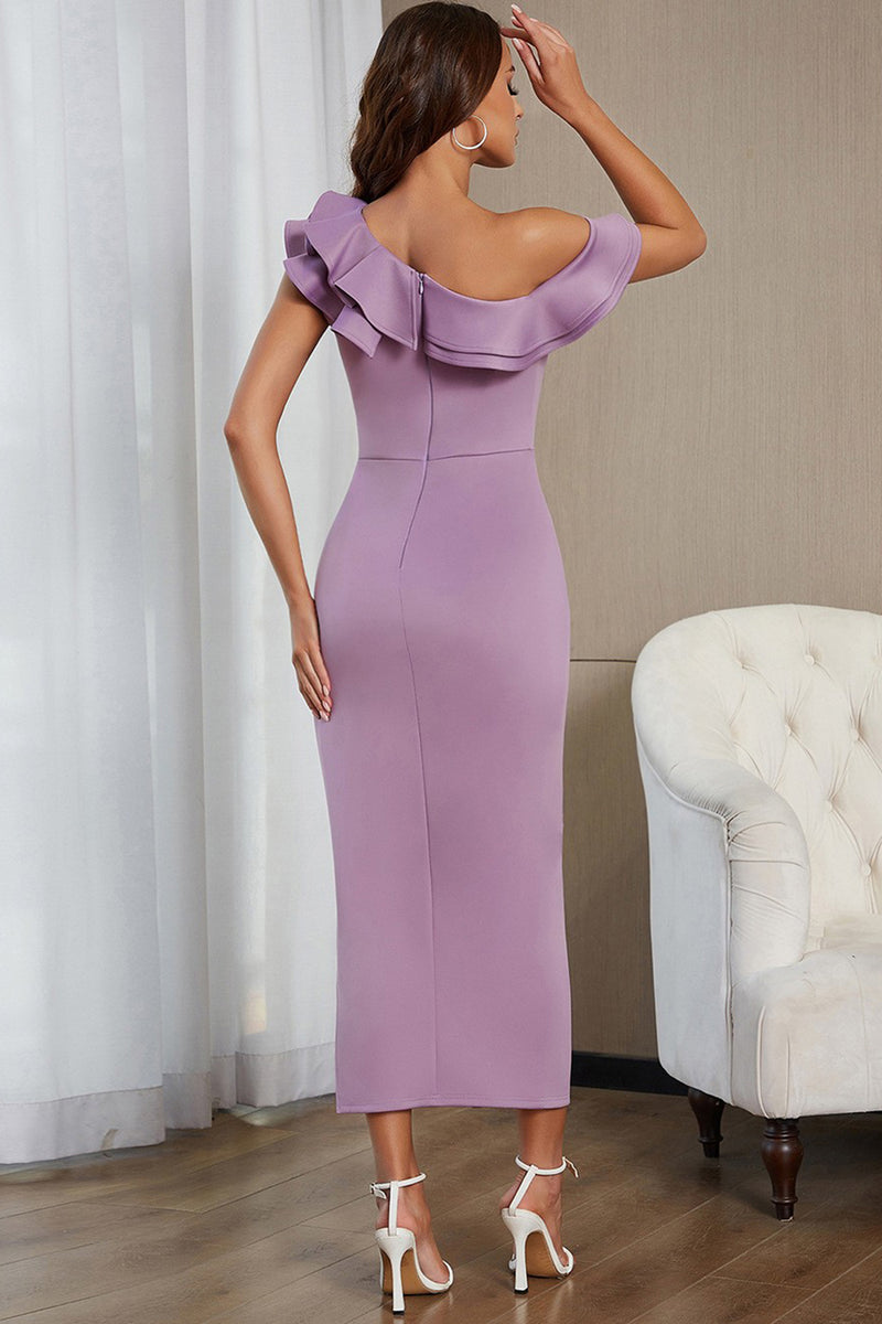 Indlæs billede til gallerivisning Lilac flæser One Shoulder Cocktail Dress med slids