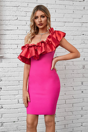 Hot pink One Shoulder Cocktail Dress med flæser