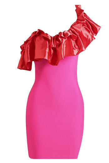 Hot pink One Shoulder Cocktail Dress med flæser