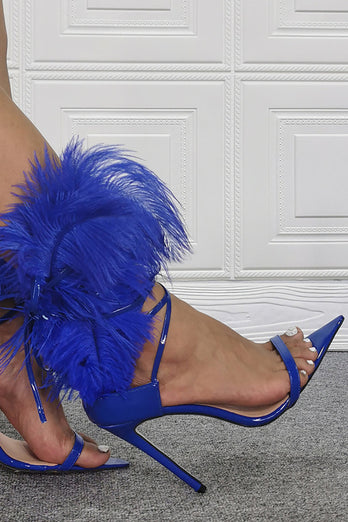 Royal Blue Feather spids tå stiletto sandaler