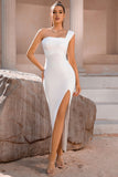 Hvid One Shoulder Bodycon Midi cocktailkjole med slids